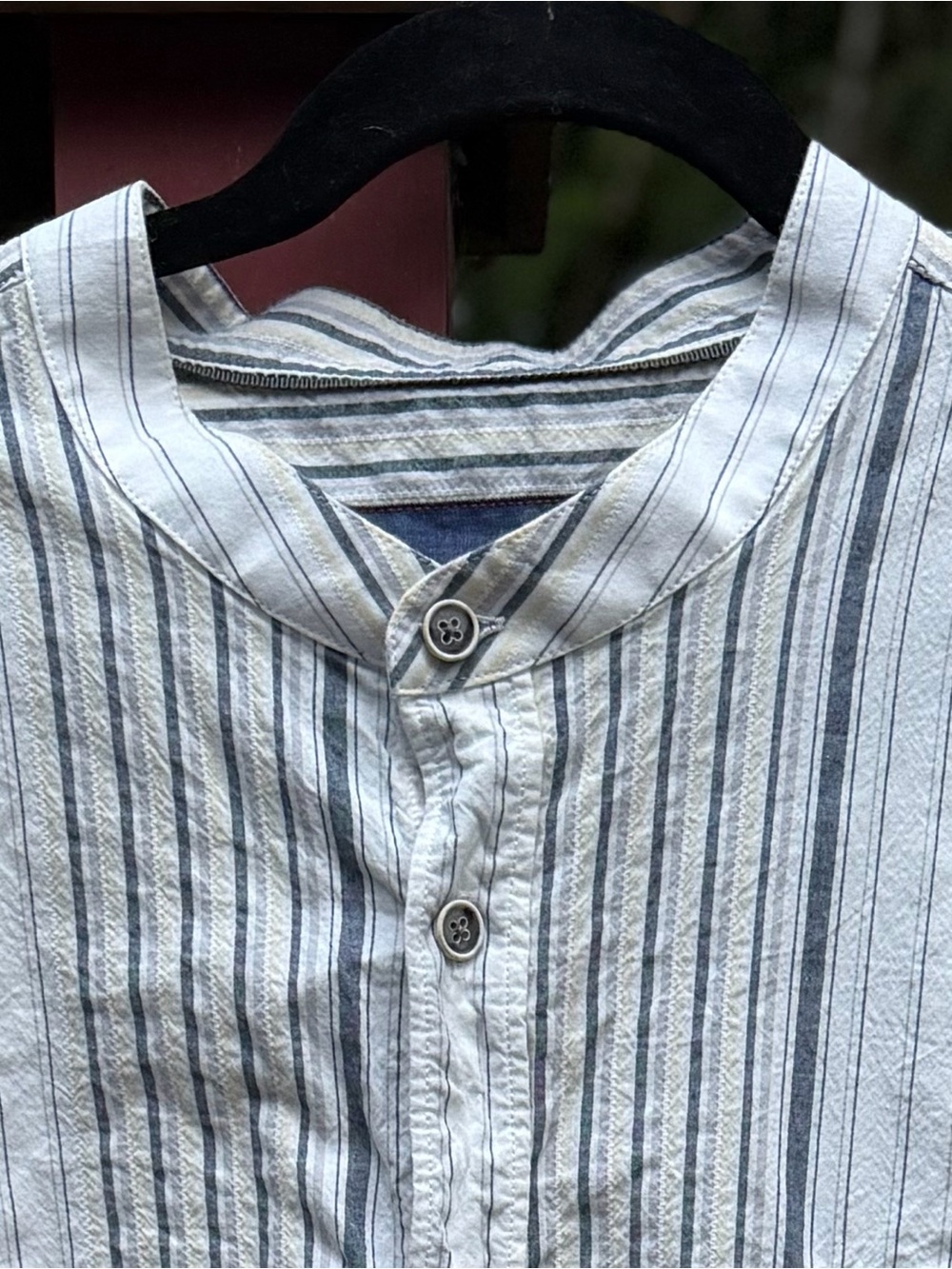 32 Bar Blues Striped Band Collar Button Up Shirt Men's XXL Textured Lightweight